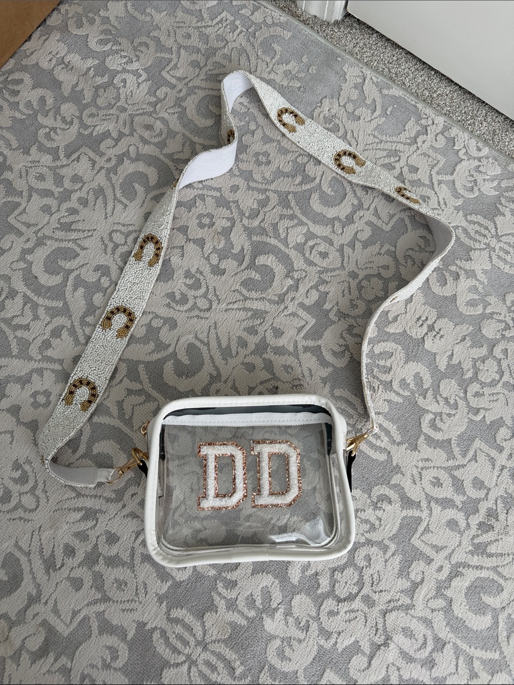 Clear Crossbody Bag with Gold Beaded 'DD' Accent